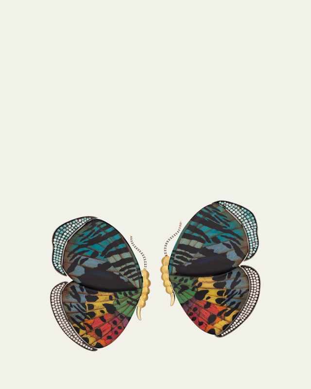 18K Yellow Gold Marquetry Butterfly Wing Earrings with Diamonds and Tourmaline